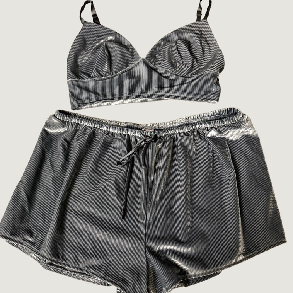 Victoria's Secret Pajama Set Small Metallic Ribbed Bralette Shorts Silver Blue